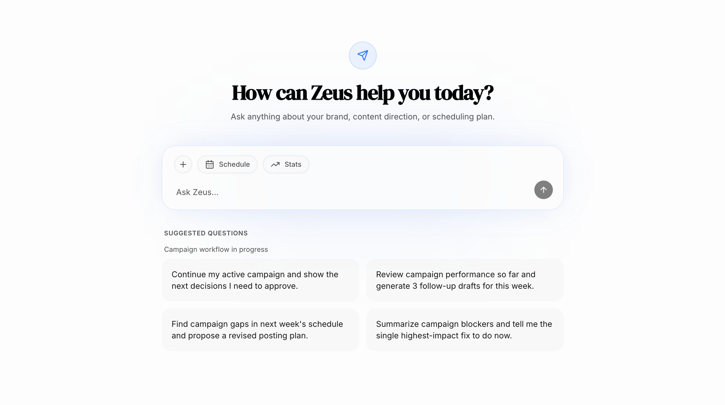 Privly Brain assistant with suggested campaign questions.